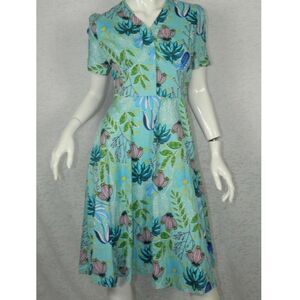 Lindy Bop Dress Turquoise Blue Floral Print Pinup Swing‎ Dress Size 10